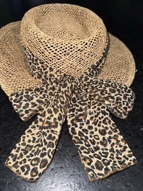 VINTAGE SCALA Natural seagrass straw gambler hat leopard print sash bow